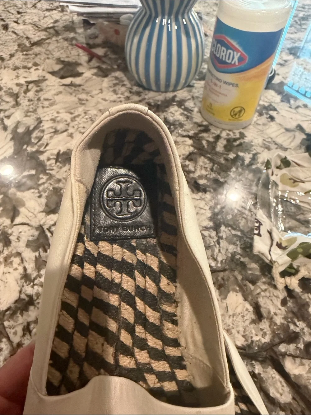 Tory Burch Cream and Black Leather Espadrille Flats